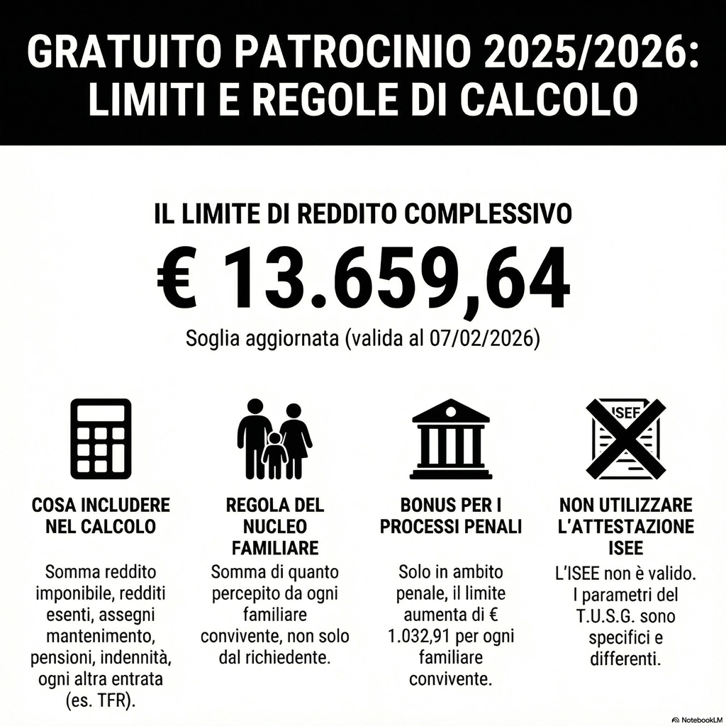 Infografica sui requisiti del gratuito patrocinio penale e la procedura di istanza al giudice con i limiti di reddito 2026.