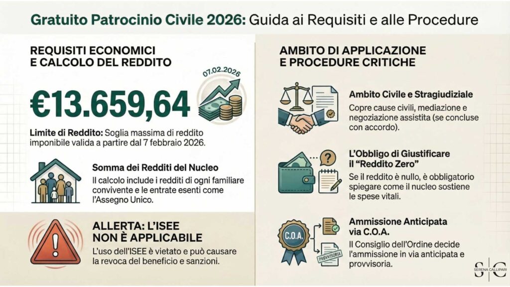 Infografica riassuntiva sui requisiti economici e la procedura per il gratuito patrocinio civile 2026 dell'Avvocata Serena Callipari.