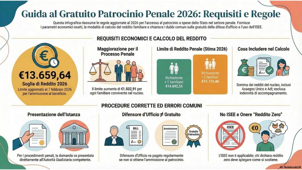 Infografica sui requisiti e i limiti di reddito aggiornati al 2026 per il gratuito patrocinio penale.