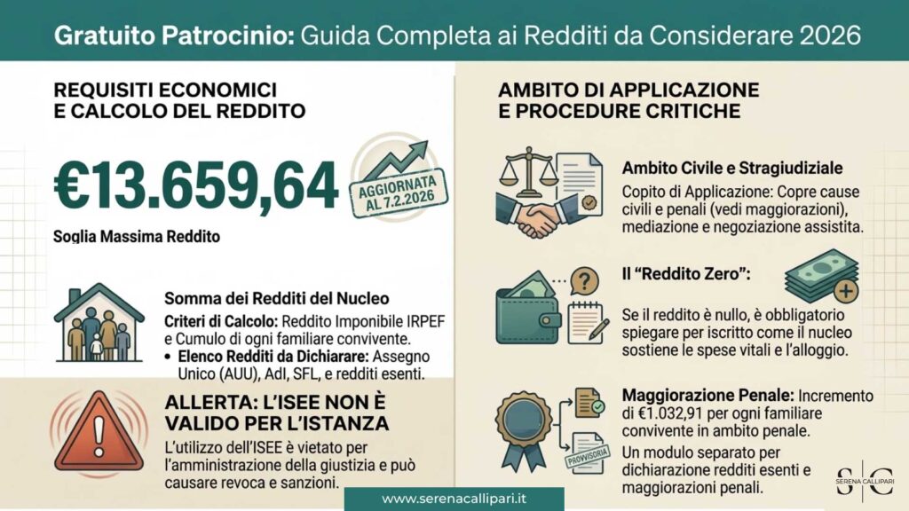 Infografica gratuito patrocinio redditi da considerare - Schema riassuntivo sui redditi da considerare per l'ammissione al patrocinio a spese dello Stato nel 2026.